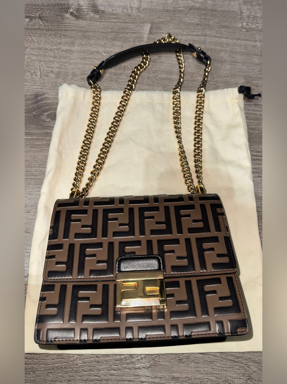 Fendi Brown and Black FF Logo Chain Shoulder Bag